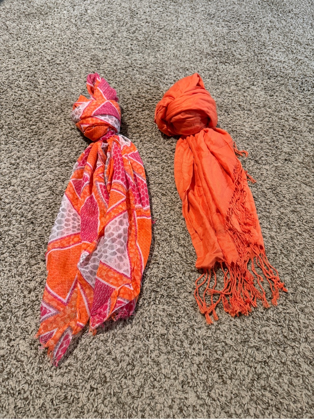 Bright Orange Patterned & Solid Scarves - Set of 2